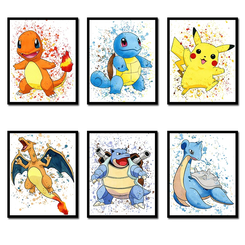 Pokemon Anime Poster Pikachu Watercolor Art Background Wall Mural Charizard Scroll Painting Children's Toys Christmas Gifts Toy