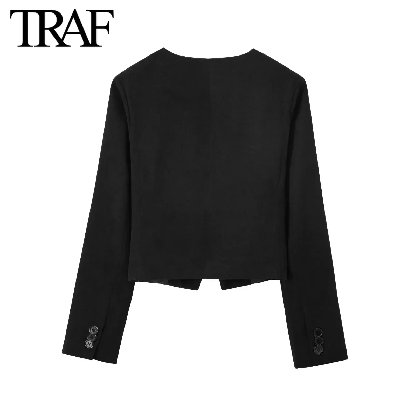 TRAF Women Fashion Autumn New Solid Asymmetric Jacket Long Sleeved Single Breasted Round Neck Short Coats Chic Ladies Tops