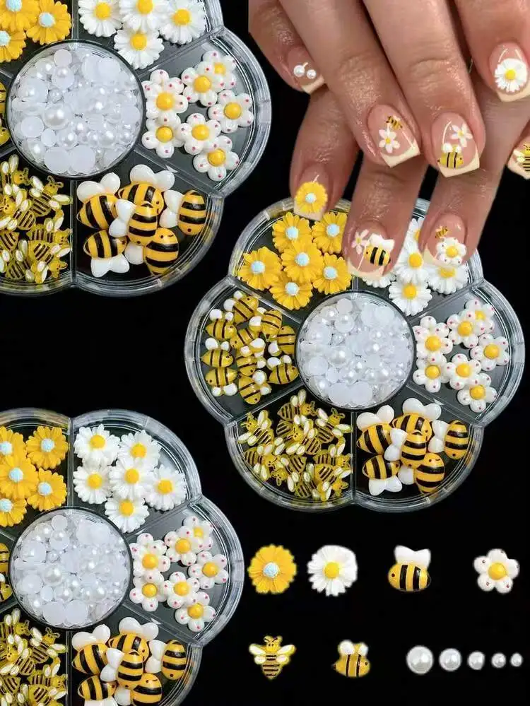 7-Grid Bee & Daisy Nail Charms Set - 3D Resin Flowers, Bees & Pearls, Cute Spring Nail Art Decorations for Manicure DIY