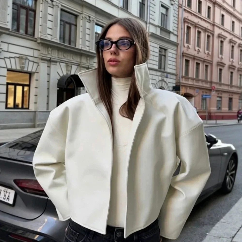 Loose Solid Women's Pu Leather Jacket Long Sleeve Stand Collar Lady Coats Crop Tops 2026 Autumn Fashion Female Street Outerwear