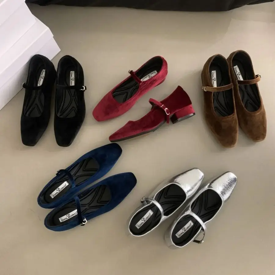 Bailamos Autumn New Women Velvet Flats Square Toe Shallow Buckle Ladies Elegant Sole Ballte Shoes Casual Loafers Shoes Muje