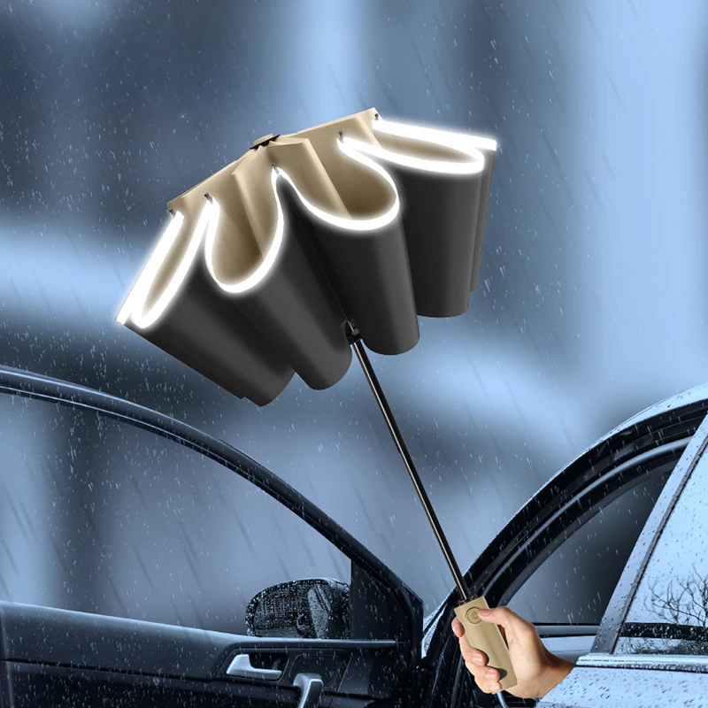10K Double Bones Automatischer winddichter Regenschirm mit 20 Rippen, reflektierendem Streifen, winddicht, umkehrbar faltbar, UV-Schutz, fürs Auto – Detail 3