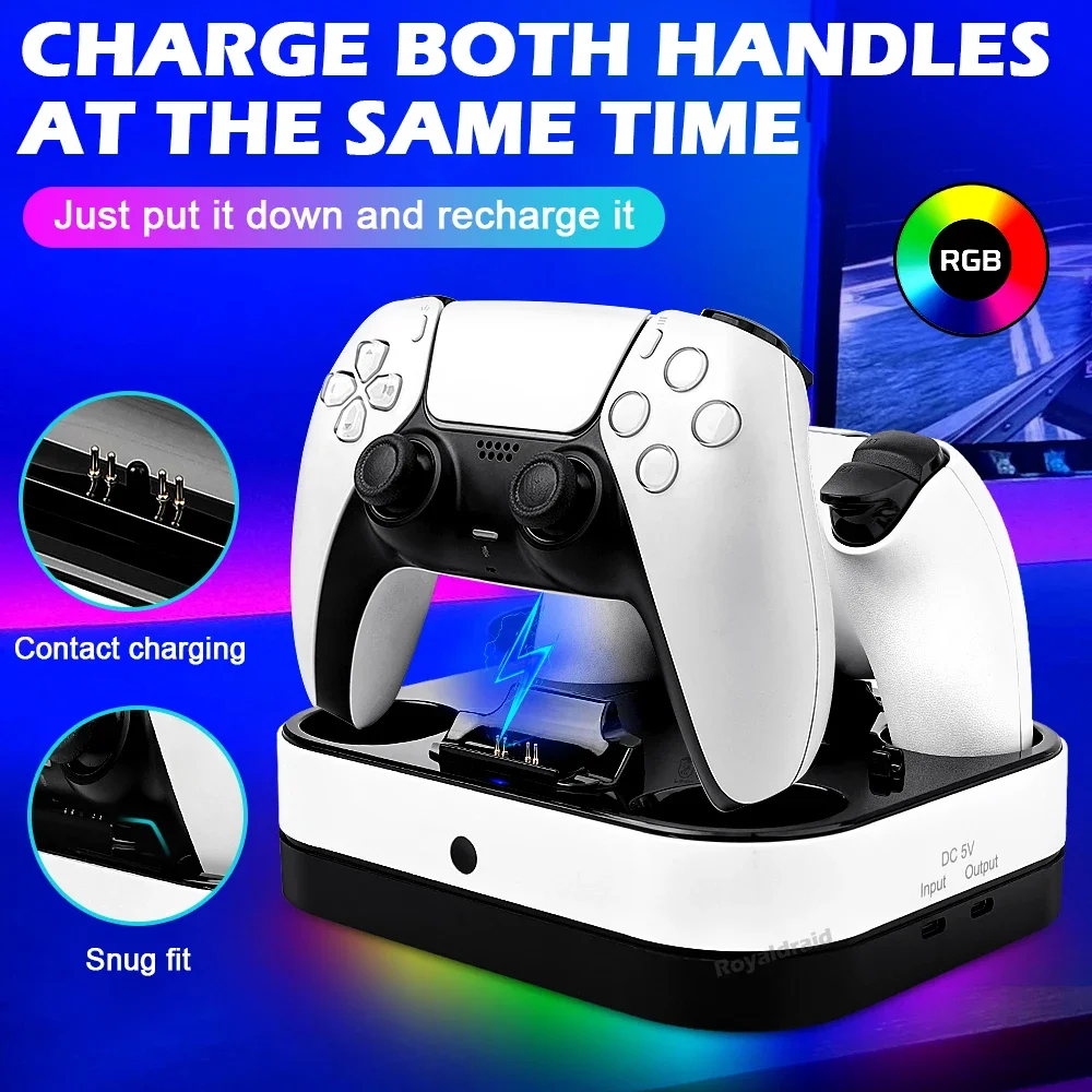 

Двойная зарядная станция с RGB-подсветкой для контроллеров PS5, быстрая зарядка для беспроводных геймпадов PS5, подставка для зарядки.