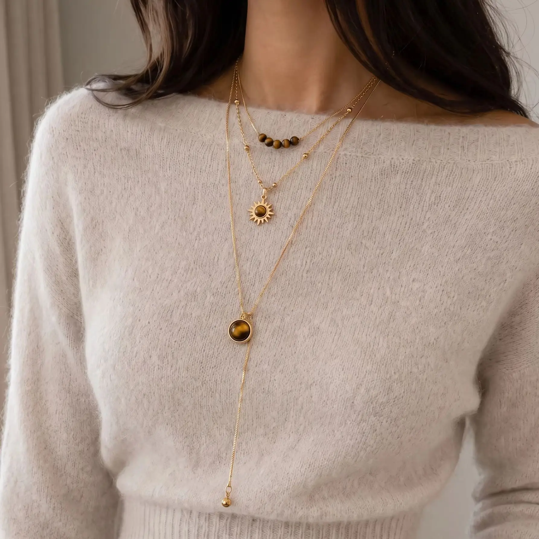 Luxury Tiger Eye Stone Geometric Beads Drawstring Necklace for Women Vintage Sun Round Charm Sweater Chain Party Jewelry Gift
