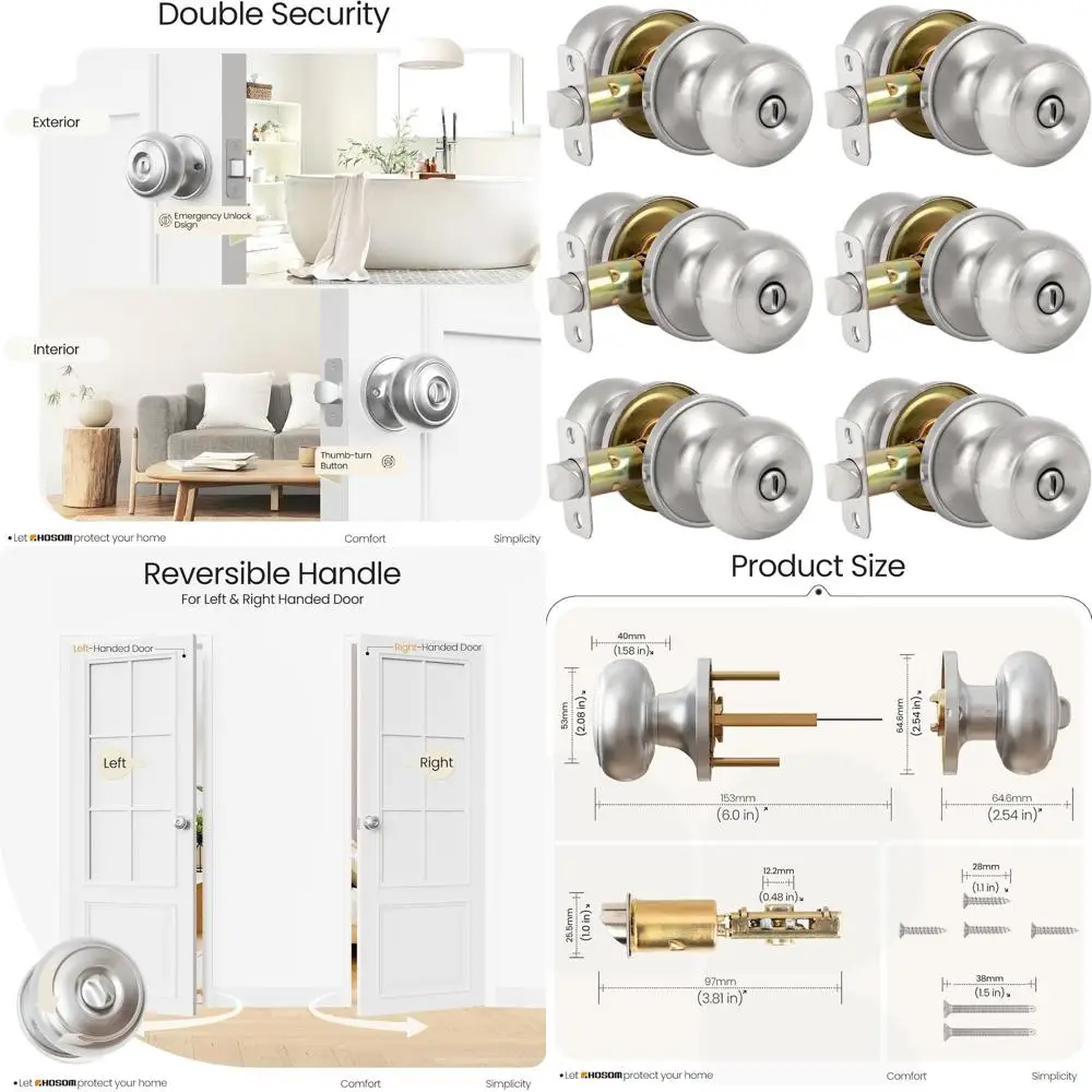 

Дверная ручка без ключа с замком, внутренняя дверная ручка из атласного никеля, подходит для спален и ванных комнат, дизайн с круглым шаром,