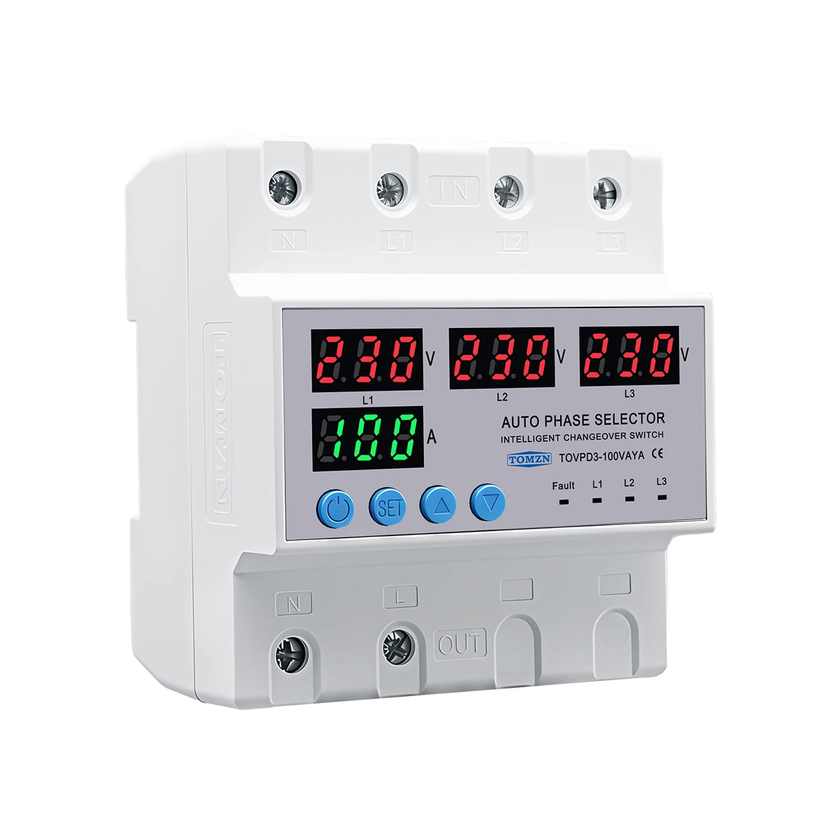 100A TOMZN 3 Phase 3P+N Din Rail Phase Selector Adjustable Over and Under Voltage Current Protection Monitor Relays Protector