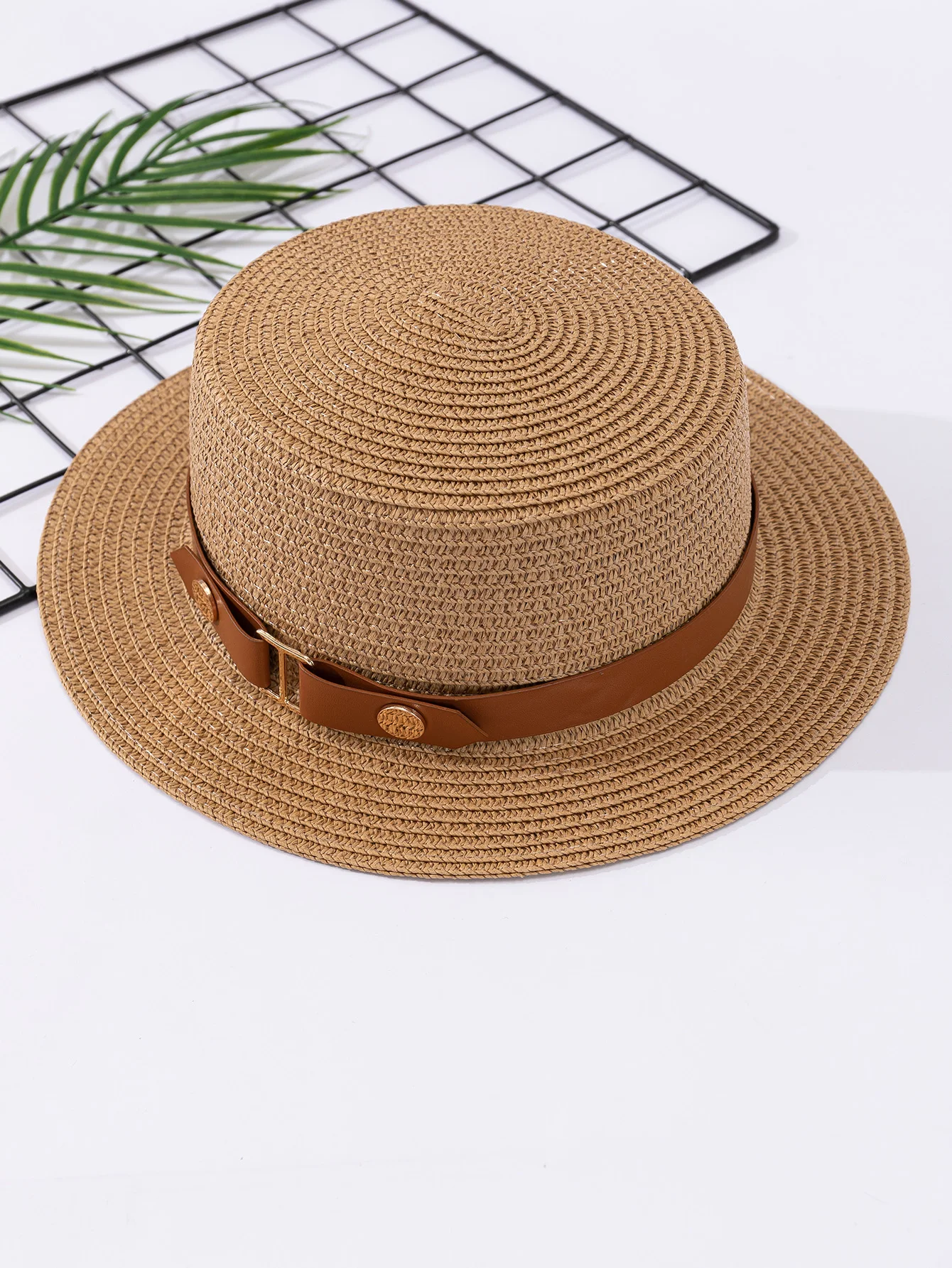 French British Belt Summer Flat Top Hat Women\'s Big Head Waist Beach Top Hat Beach Holiday Sunshade Sunscreen Straw Hat