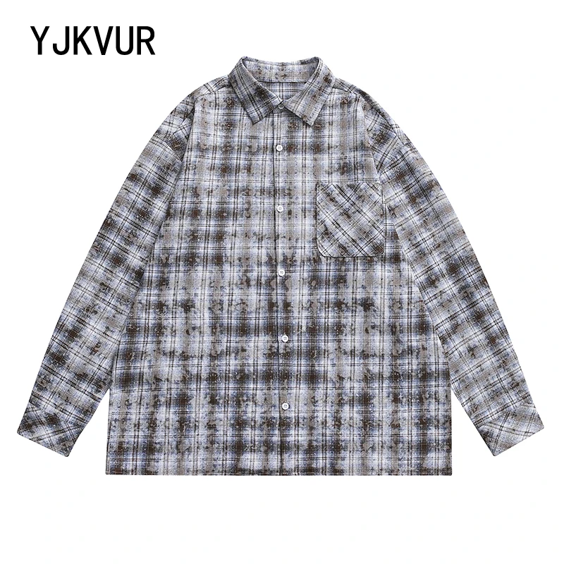 YJKVUR 2025 Spring New Oversize Casual Plaid Shirts Men Comfortable Washed Vintage Distressed Detail Check Long Sleeve Shirts