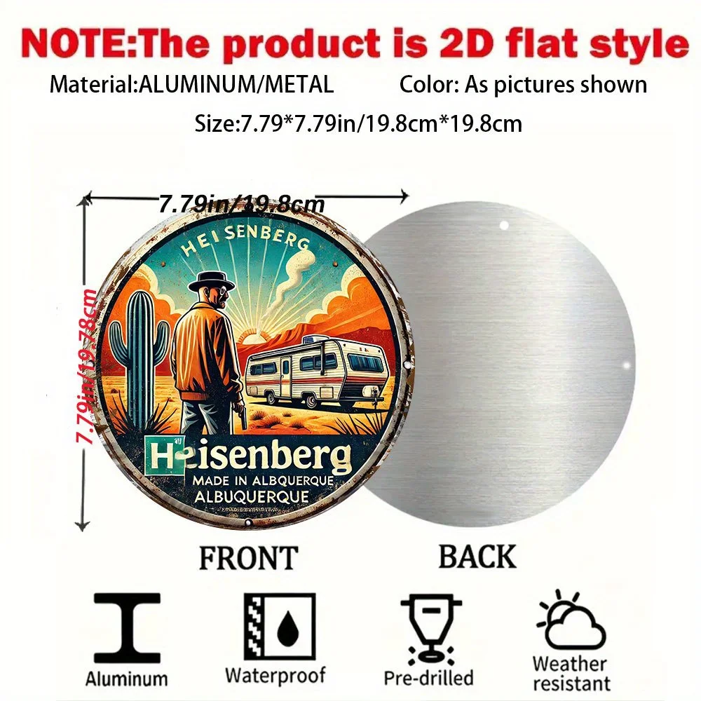 Vintage Heisenberg Breaking Bad Round Tin Sign, Retro Albuquerque RV Desert Metal Wall Art, Antique TV Show Themed Decorative Ti