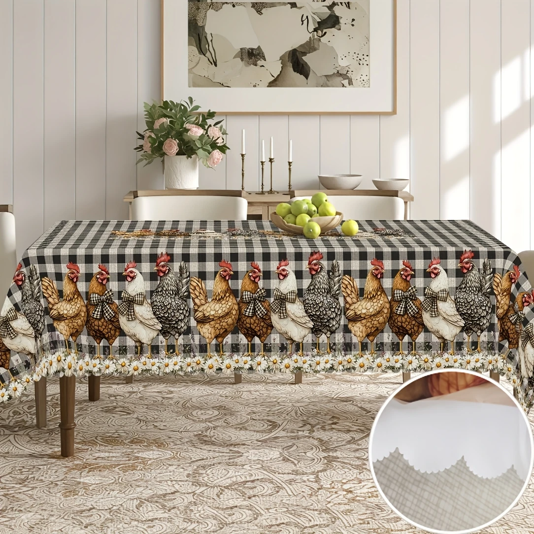 2D Flat Tablecover 1pc Vintage Country Style Rooster Check Tablecloth - Suitable for Easter, Mother's Day, Father's Day, Thanksgiving, Christmas, Rectangular and Round Tablecloth, Material, Suitable for Home and Office, Restaurant and Kitchen Use
