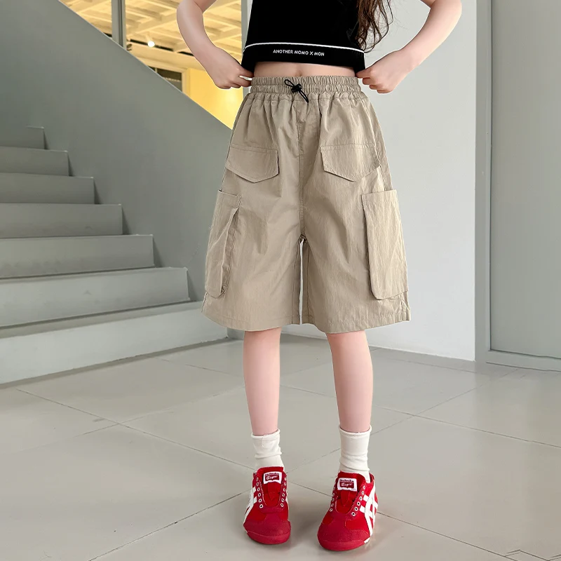 2025 New Summer Children Cotton Cargo Shorts with Side Pocket for Girls Casual Knee Length Pants Khaki Black Color Age 5-14 Y
