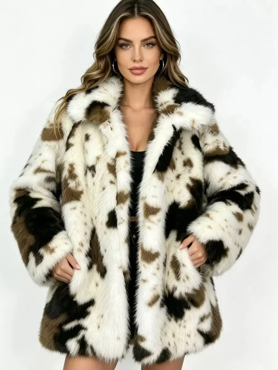 2026 New Style Tagkita Women's Faux  Fur Cow Pattern Coat Stand Collar Mid-Length Outerwear Loose Fit Long Sleeve Winter J...