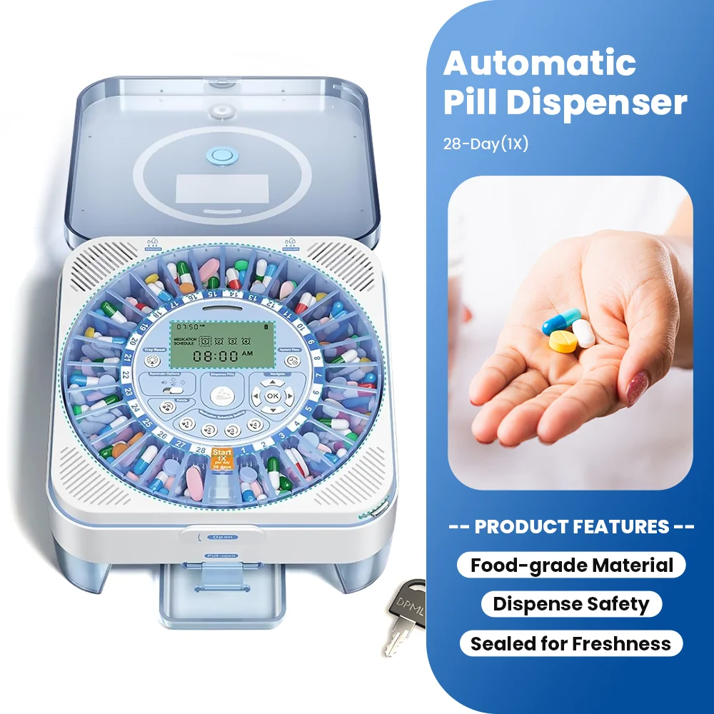 Smart Pill Dispenser 28-Day Automatic Daily Timed Dispenser for Seniors One-Press Daily Dispense and Voice Sound & Light Alerts