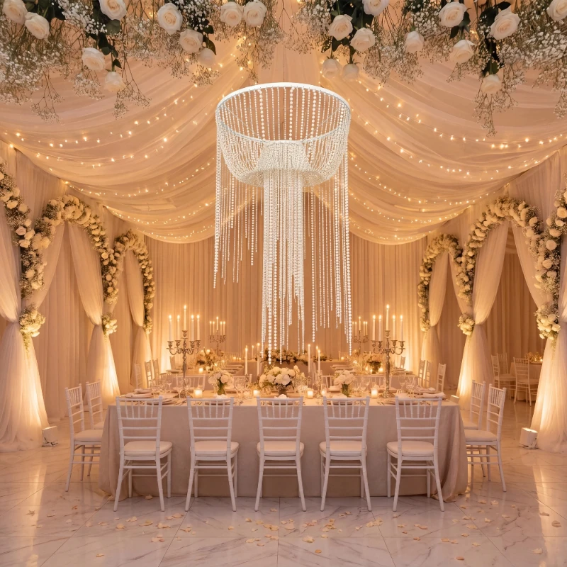 Romantic Pearl Pendant Chandeliers Beads Strings Rings Ceiling Decoration for Wedding Banquet Hall Hanging Accessories