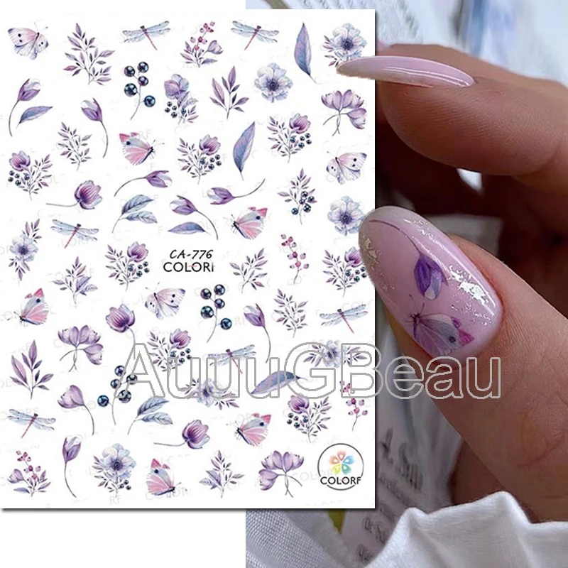 3d Nail Art Decals Purple Pink Dry Botanical Flowers Adhesive Sliders Nail Stickers For Nail Tips Decoration