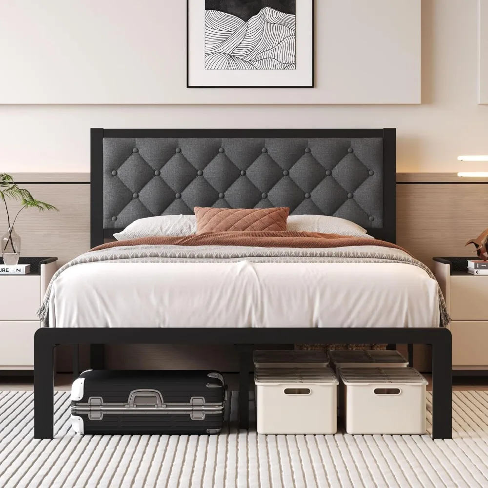 

Bed Frame with Headboard PU Leather Upholstered Bed Frame Platform,All Metal Slats Support Platform Bed Frame with Storage Space