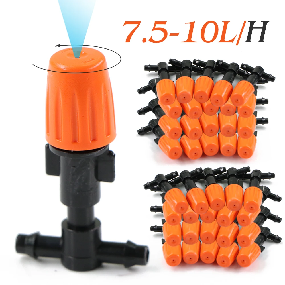 30PCS 7.5-10L/H Adjustable Misting Nozzle /W 1/4”Tee Barb Connector for Garden Greenhouse 4/7mm Hose Sprayer Watering System