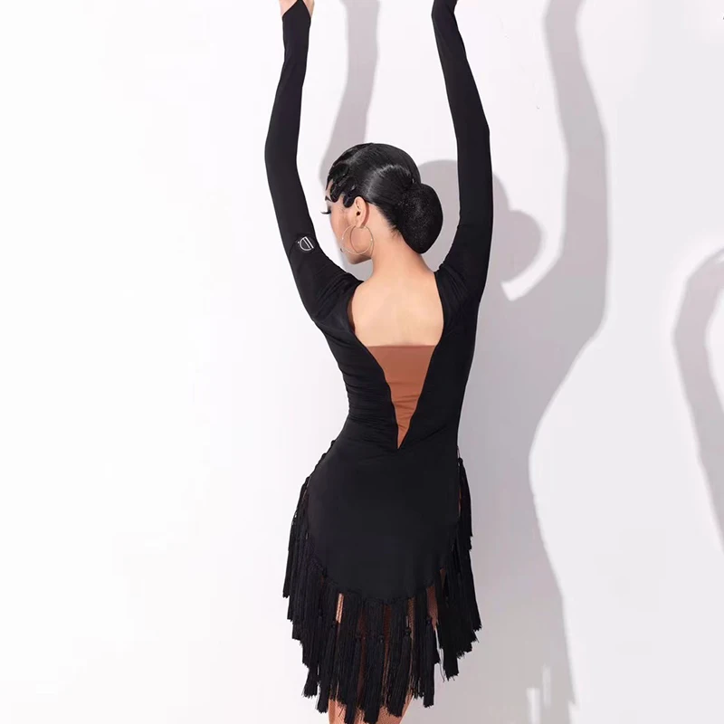 New Sexy Latin Dance Fringed Dress For Women Long Sleeved Practice Clothes High-End Latin Dance Competition Clothing DW080