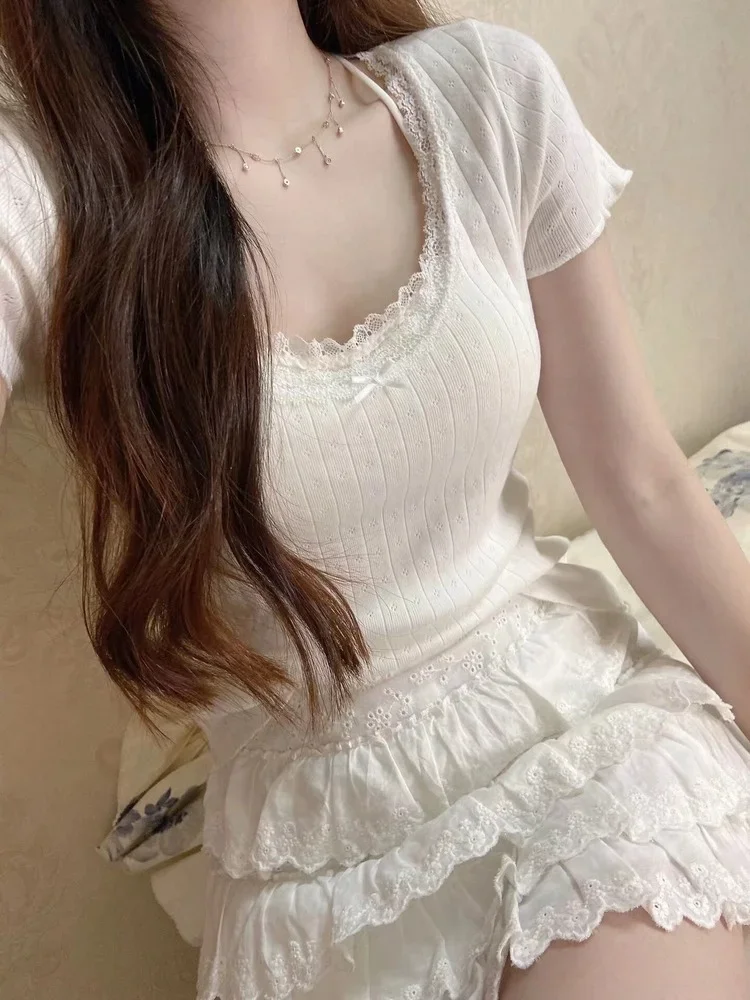 White T Shirt  Women 2022 Summer Lace Trim Bow Short Sleeve Slim Tops Women Clothes