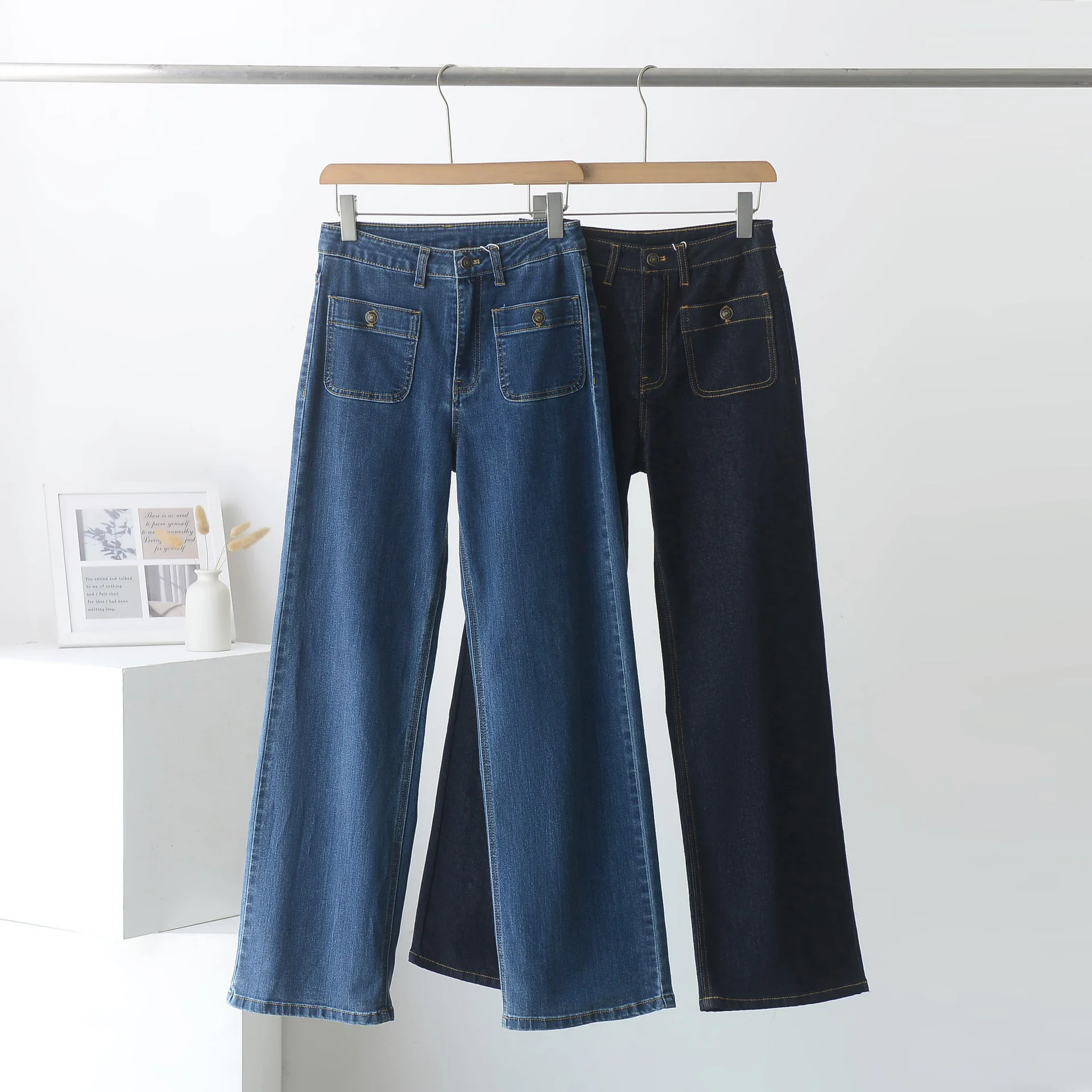 

Весенне-осенние прямые джинсы для женщин, синие хлопковые эластичные джинсовые брюки с карманами, французские модные уличные винтажные брюки