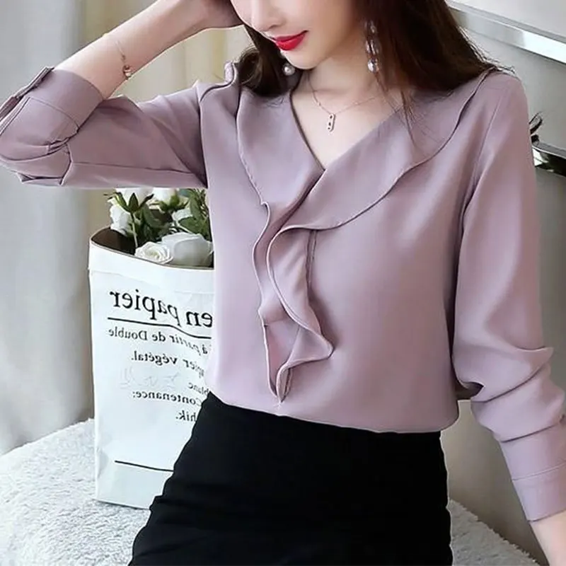 Women\'s Spring Fashion Simplicity Solid Color V-neck Long Sleeve Shirts Women Clothes Casual All-match Temperament Tops