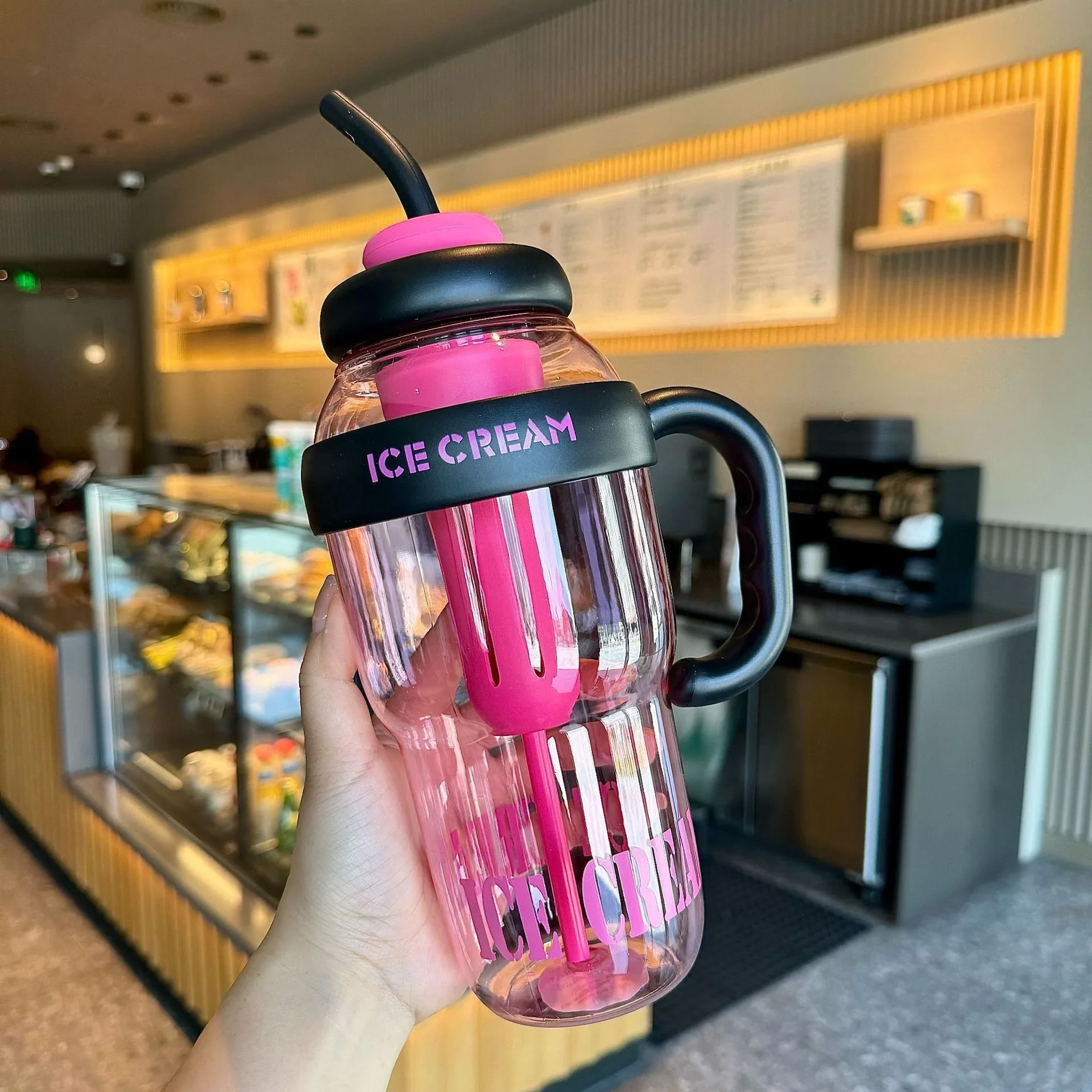 40OZ Big Capacity Summer Plastic Water Cup Milky Tea Cup with Tea Infuser Big Belly Cup Cute Straw Water Bottle with Handle