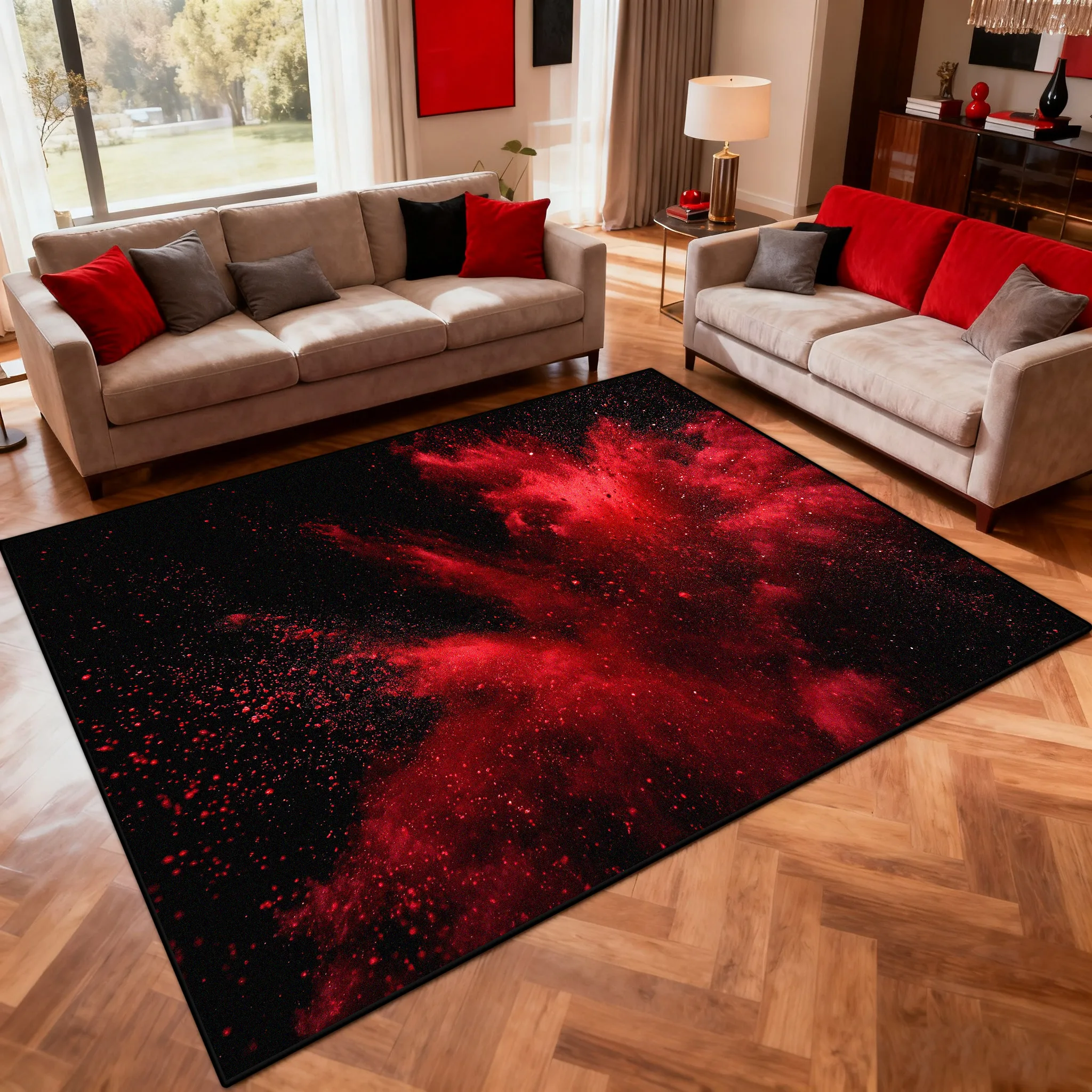 3D Red Powder Explosion Design Living Room Carpet Modern Abstract Antiskid Foldable Rug 200×300 Bedroom Bedside Tatami Mat Soft
