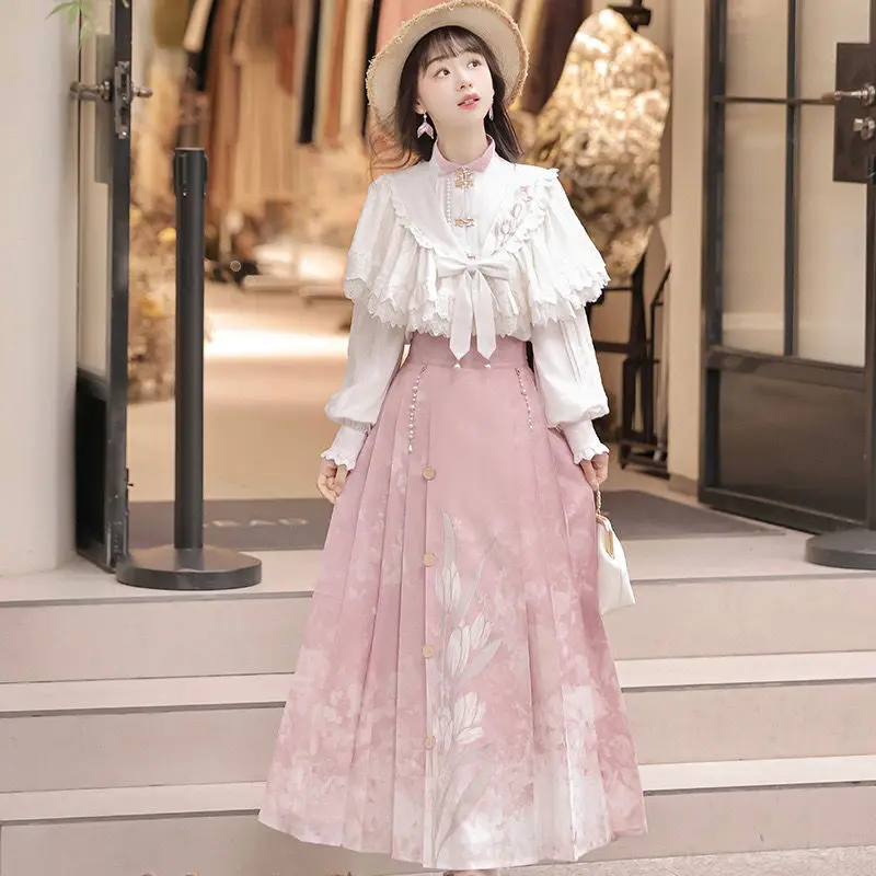 

Original Chinese Style Lolita Dress Suit White Puff Sleeve Top Pink Hanfu Skirt Women 2024 Autumn Elegant Fairy Prom Dresses