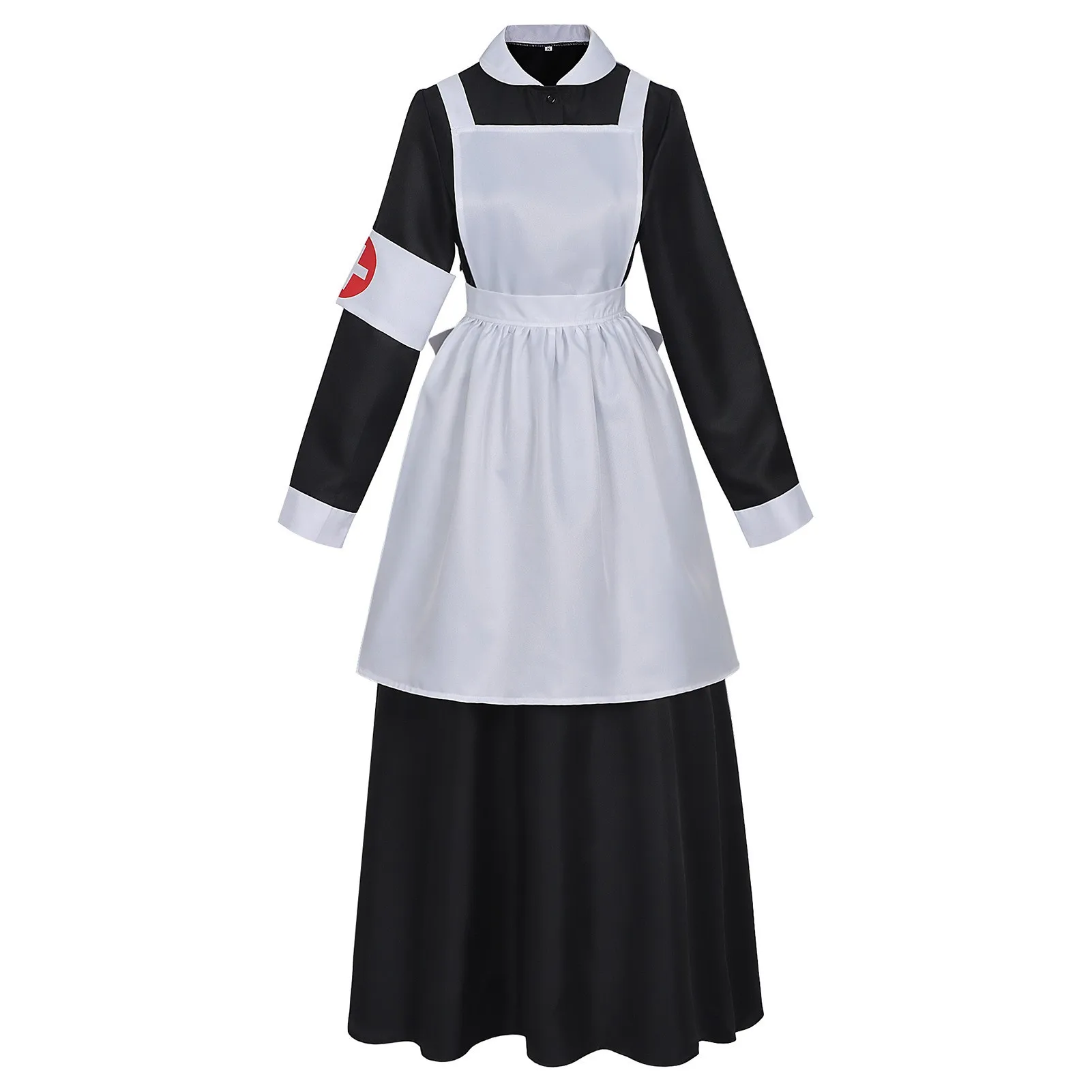 Damen Krankenschwester Nonne Kostüm mit Puffärmeln und weißer Schürze, Gothic Halloween Horror Party Cosplay Event Kirchen-Thema Outfit – Detail 7