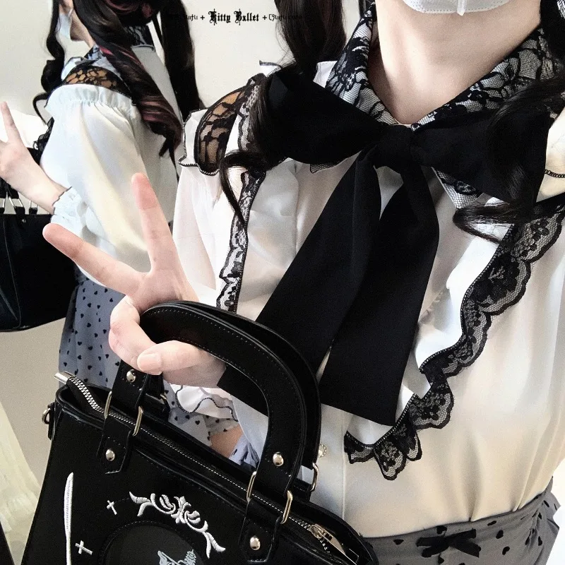 2025 Autumn Winter New Japanese Rojita Sweet Cute Long Sleeves Shirt SC Y2K Lace Off Shoulder Single-breasted Blusas De Mujer