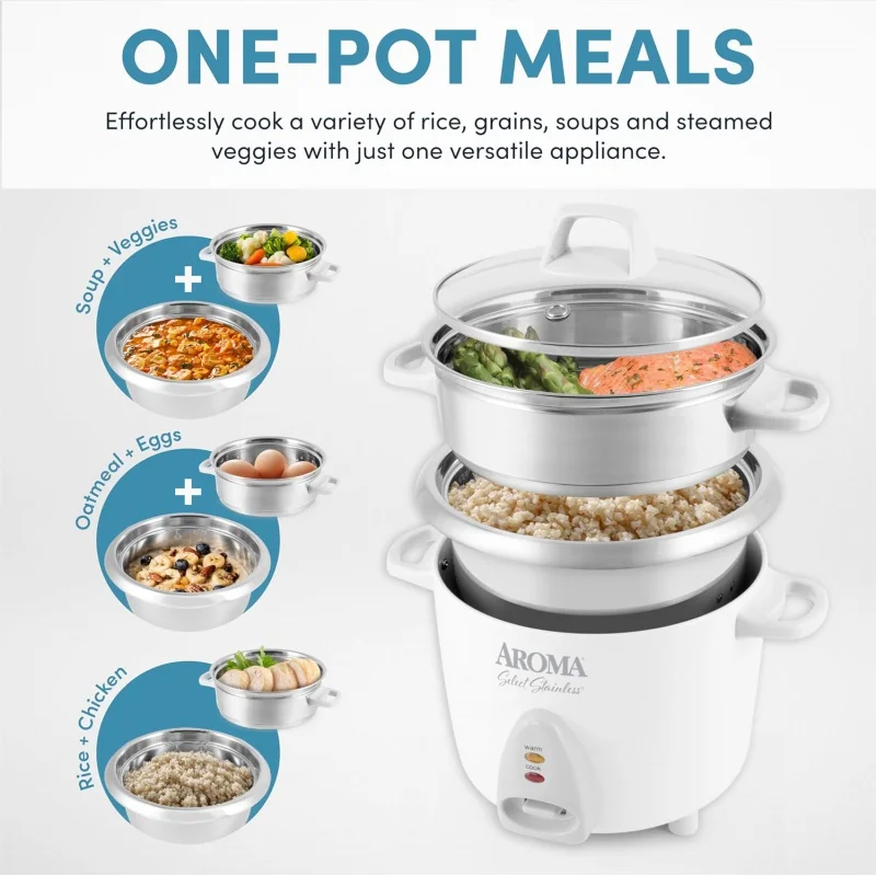 14-Cup (Cooked) / 3Qt. Select Stainless Pot-Style Rice Cooker, & Food Steamer, One-Touch Operation, Automatic Keep Warm Mode, Wh