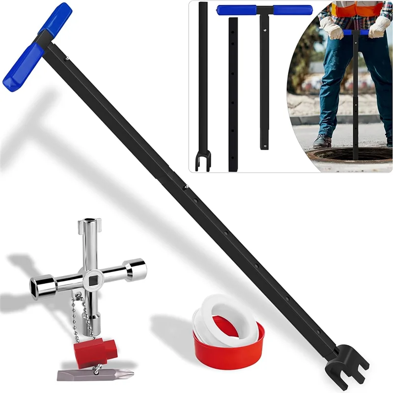 Инструмент для отключения ключа для счетчика воды PORK, от 15 до 28 дюймов, с 4-сторонним ключом, съемным ключом для счетчика воды с Т-образной ручкой