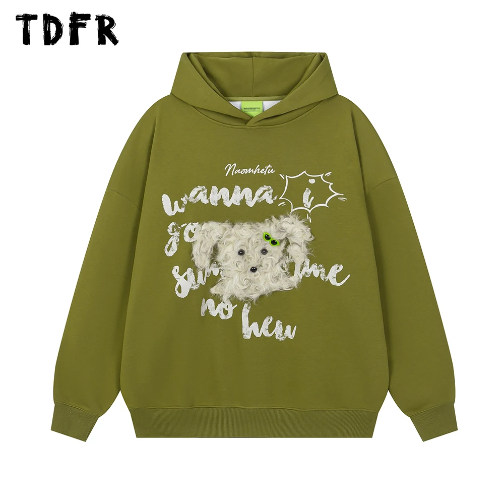 Puppy Letter Print Hooded Sweatshirts Mens Retro Casual Autumn Winter Fleece Loose Long Sleeve Hoodies Men