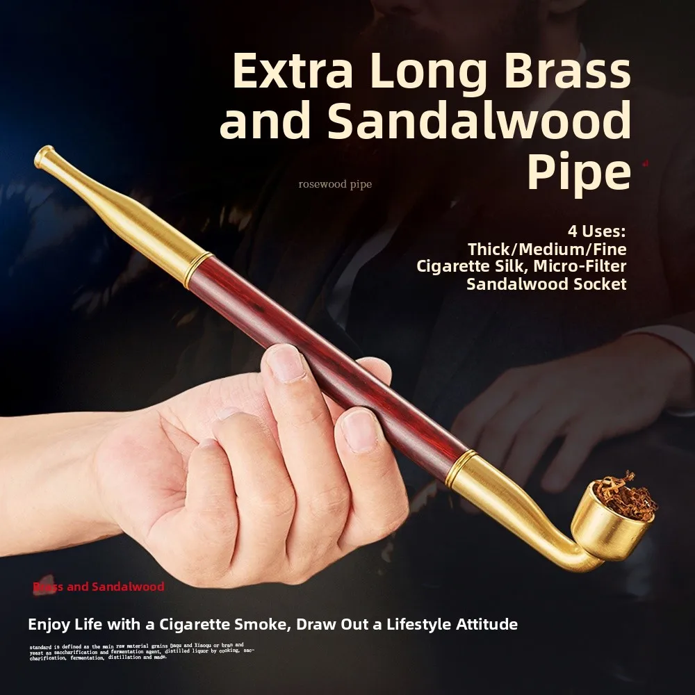 

Элитная трубка для сигар из натурального сандалового дерева с латунным длинным фильтром, универсальная (четыре способа использования), полный комплект с чехлом, мужской подарок