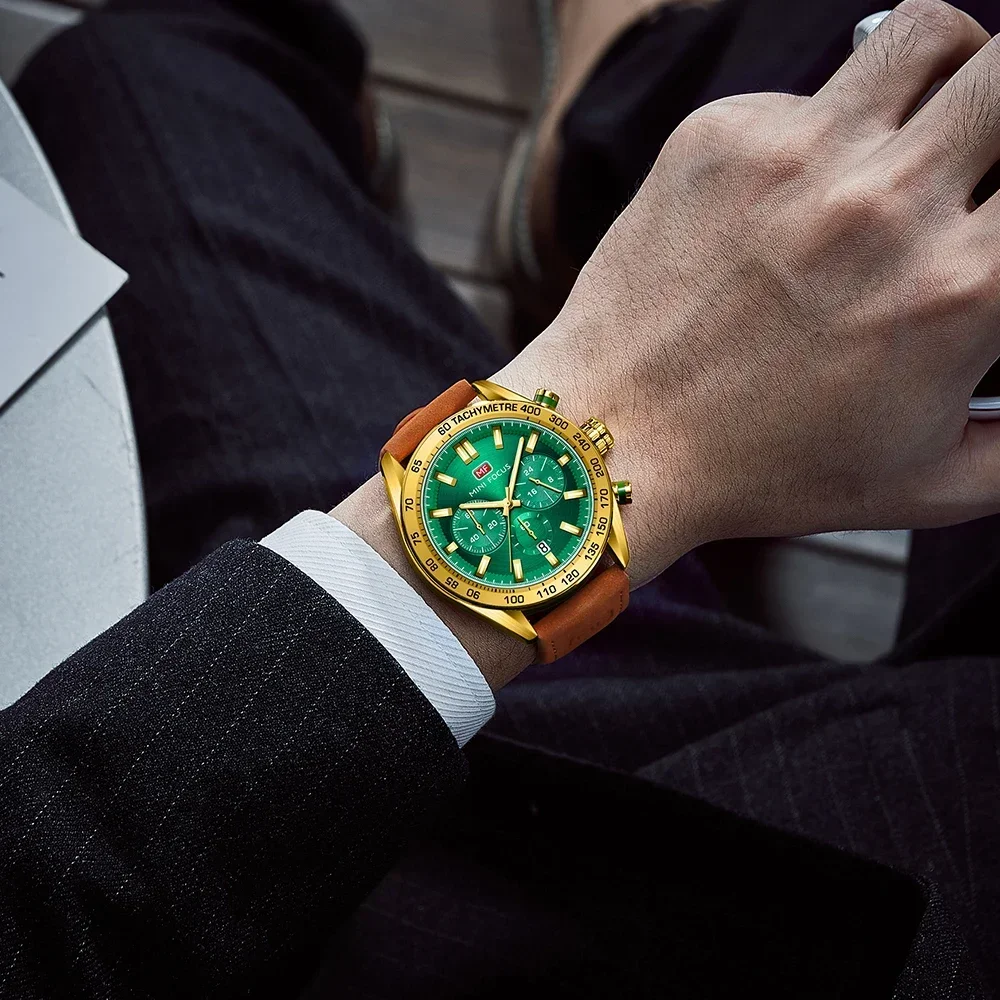 MINI FOCUS Chronograph Male Clock Relogio Masculino Waterproof Watch Men's Leather Army Military Quartz Wristwatch 0403G