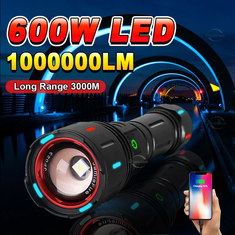 1000000LM Lanterna LED potente de 600 W 26650 recarregável ultrabrilhante lanterna de longo alcance lanternas táticas de alta potência 18650