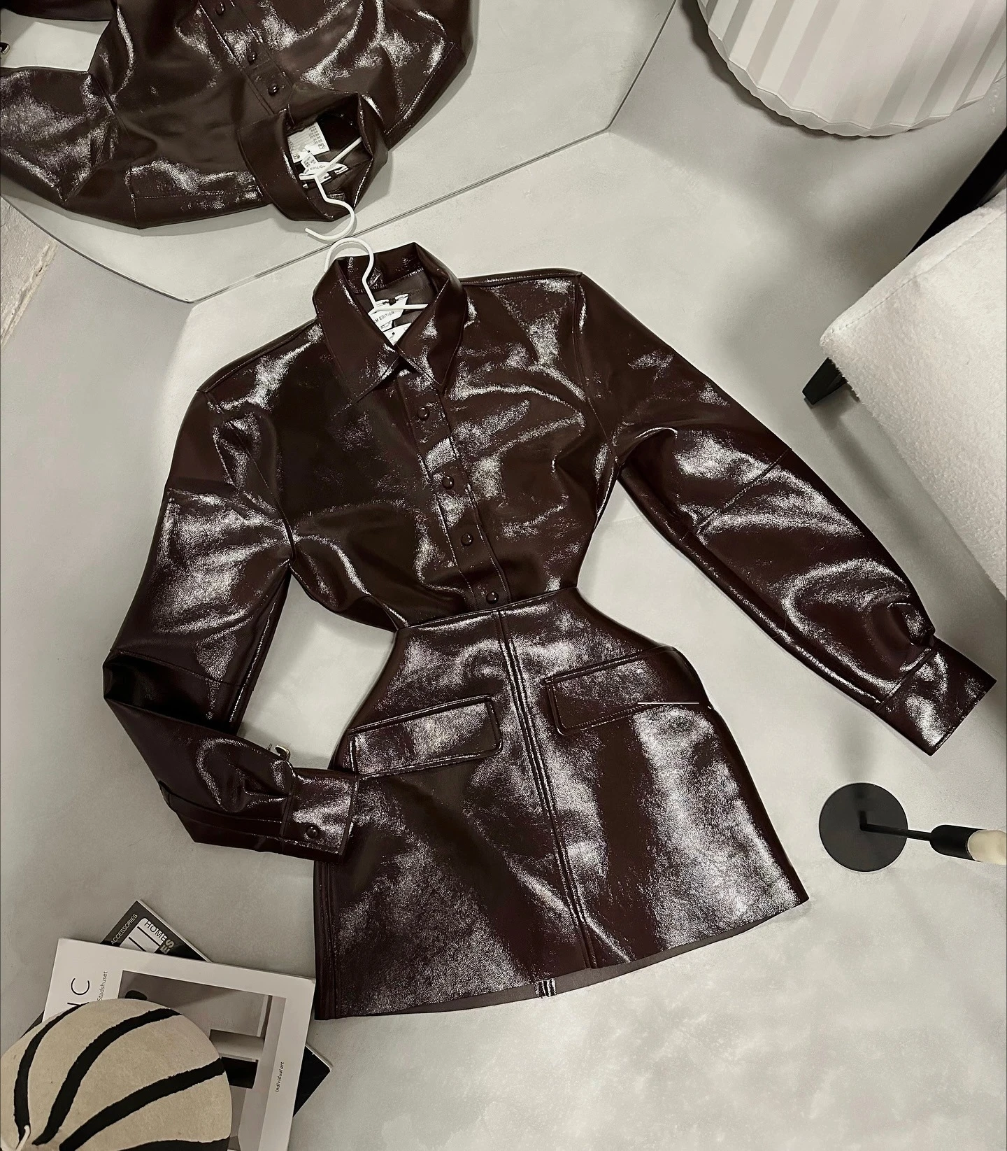 Suninheart Autunno Giacca in ecopelle Cappotto e gonna corta Set Giacca in PU moda e chic Capispalla casual da donna High Street