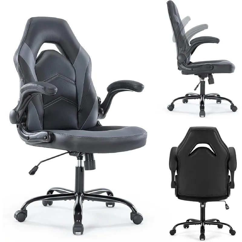 Computer Gaming Chair High Back, Ergonomic Office Seat with Flip-up Armrest, Wheeled Video Gamchair for Adults