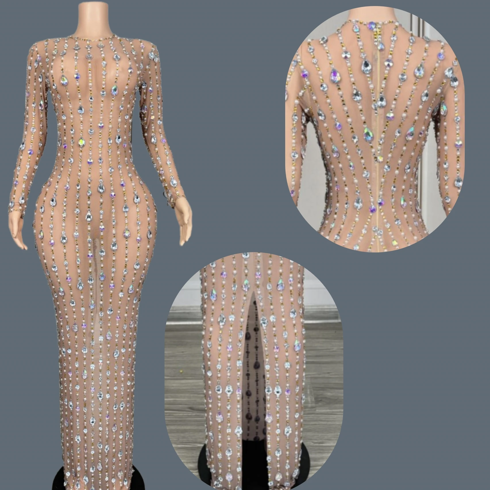 

Sparkly Colorful Crystals See Through Mesh Long Dress Night Party Women Birthday Couture Club Show Event Evening Gown YuzhouA