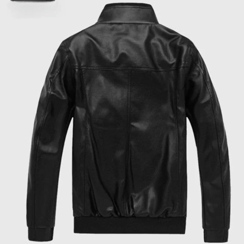 Luxury Spring Autumn Leather Jacket Men Zip Stand Up Collar Pocket Biker Jacket Slim PU Leather Coat Windproof Outerwear Black