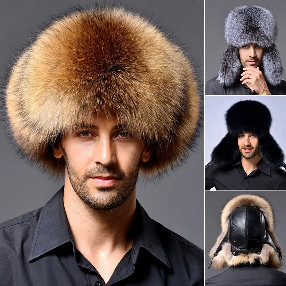 

Windproof Faux Fur Skiing Winter Trapper Hat with Fur Ear Flaps Bomber Hat Men's Russian Hat