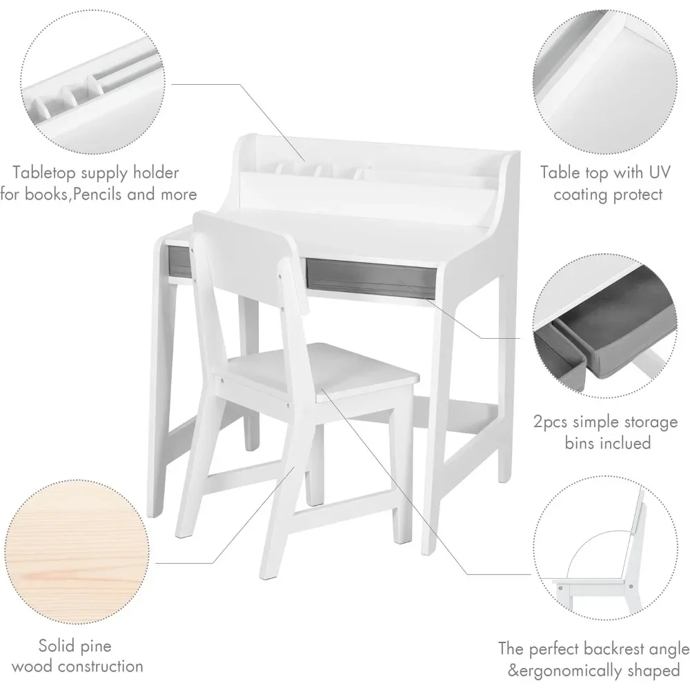 Table and chair set, study desk with storage box, wooden study desk, student writing in bedroom and study24.8"D x 22"W x 29.1"H