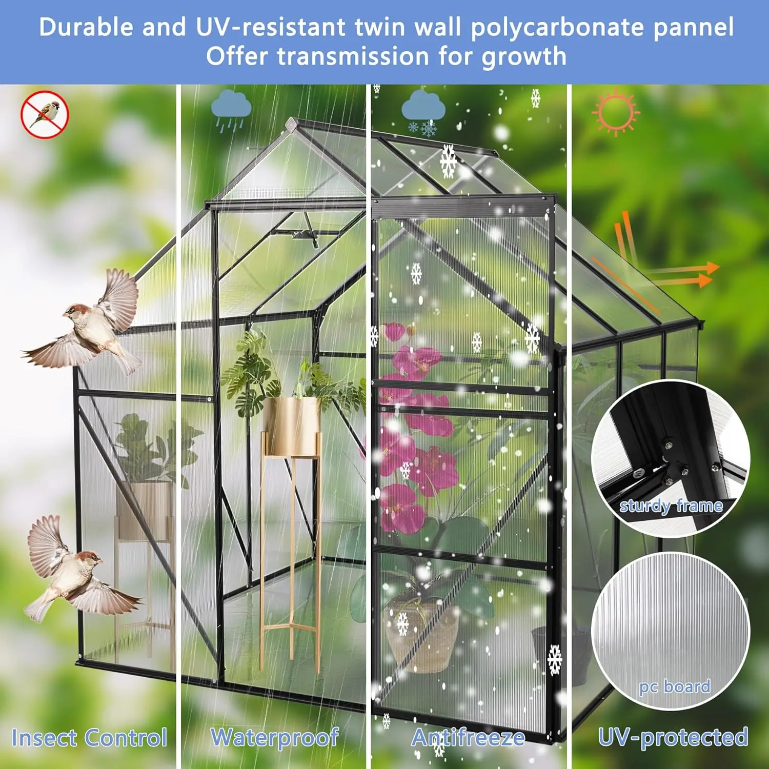 6X6 Ft Polycarbonate Greenhouse, All Season Heavy Duty Walk-In Garden Plants Green House For Outdoor Backyard, Raised Base And