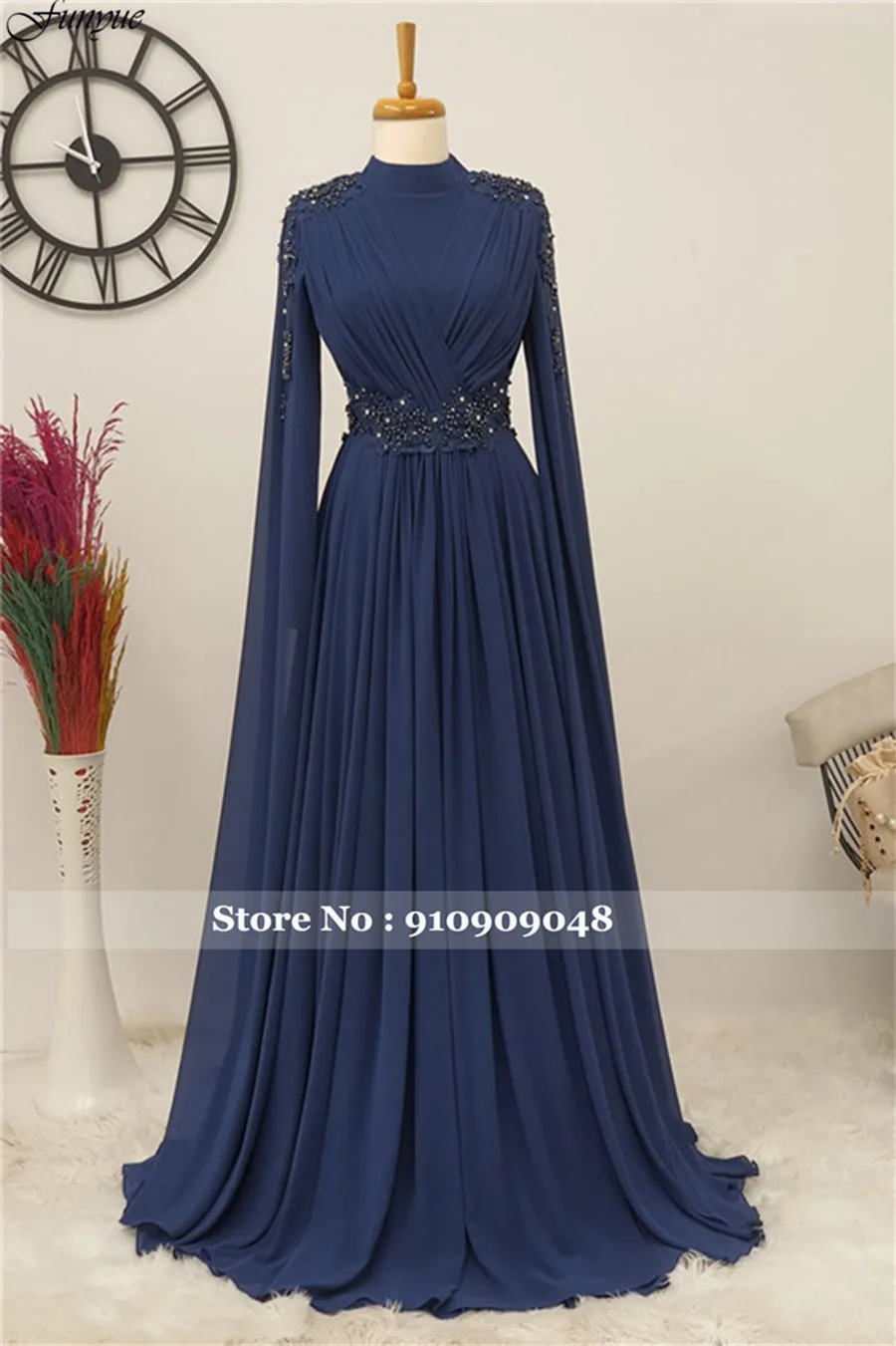 Funyue A-Line Chiffon Appliques Beads Prom Dresses Long Muslim Evening Gowns Dubai Arabic Formal Wedding Guest Dresses for Women