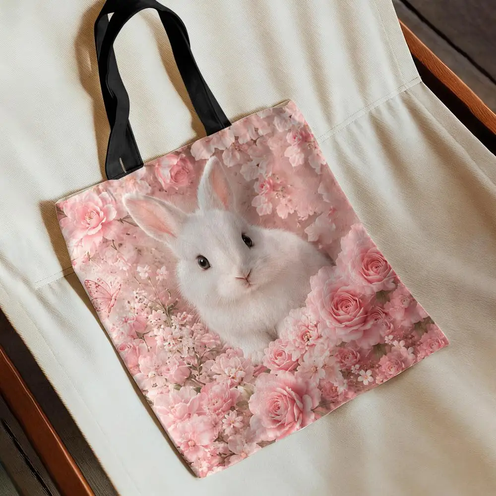 Pastel Floral Cute Little Animal Portraits Storage Bags Canvas Tote Bag Women Capacity Reusable Eco Shopping Shoulder Handbag