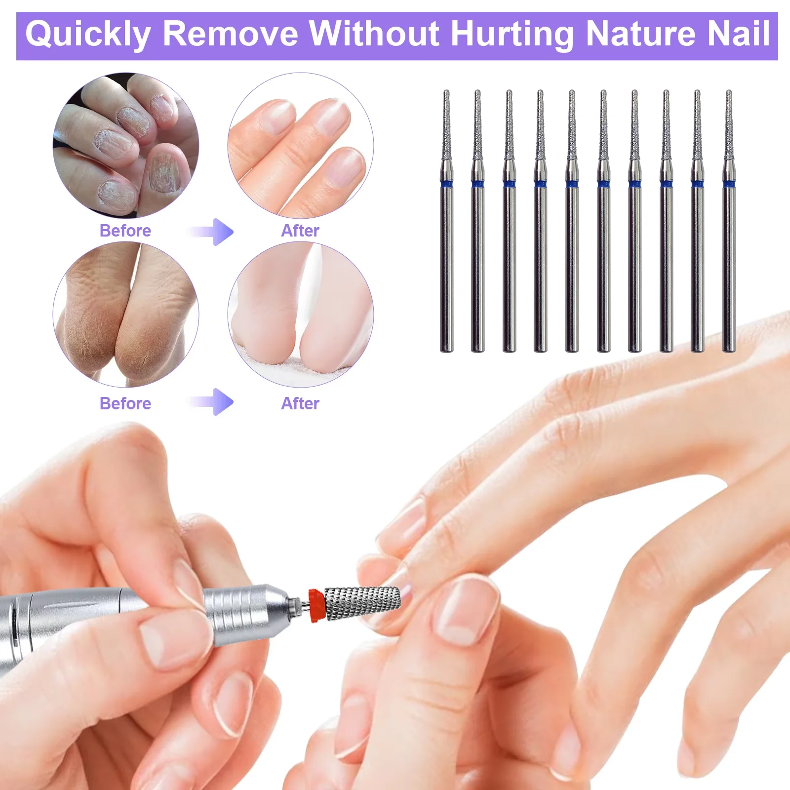 Set di 10 Punte Diamantate per Trapano per Unghie, Fresa Diamantata per Manicure 3/32\", Lima Elettrica per Unghie, Strumento per Rimozione Cuticole