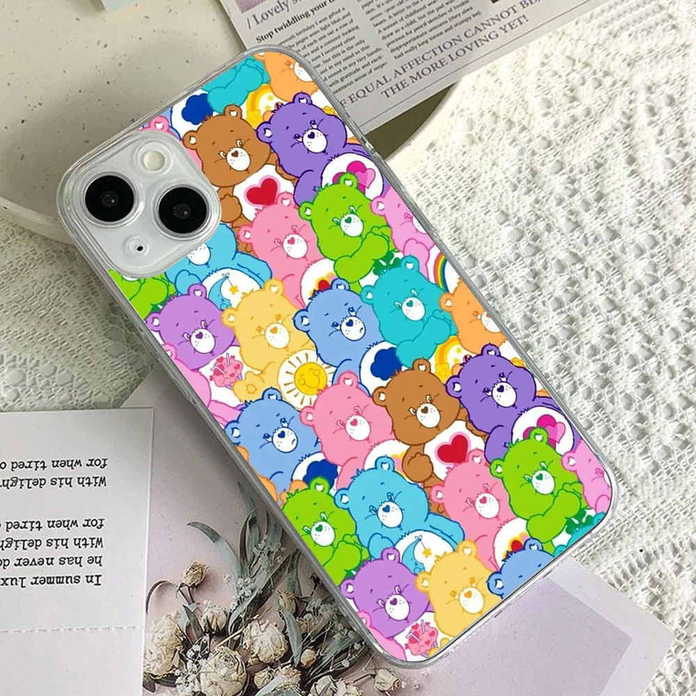 Cute Cartoon Phone Case For Cares Bears iPhone 16 15 14 13 12 11 Mini Pro Max X XR XSMax 7 8 Plus SE20 Transparent Cover