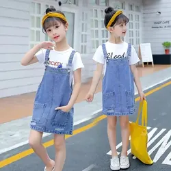 2024 Kids Overalls Jeans for Girls Children Denim Jumpsuit Pockets skirt Teenager lady miss Suspender Slip dress 4 5 9 12 year