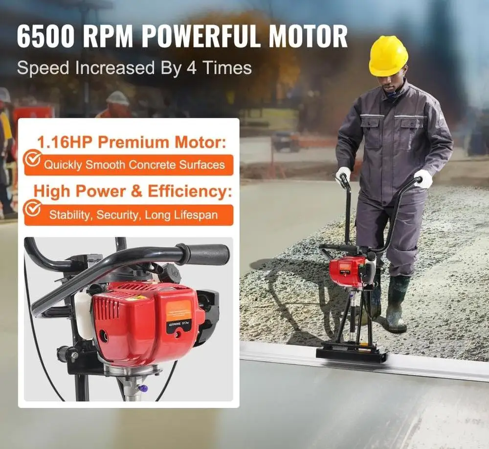 6ft Aluminum Concrete Screed Set with Gas Powered Vibrating Motor Height Adjustable Handles Efficient Finishing Tool 6500RPM