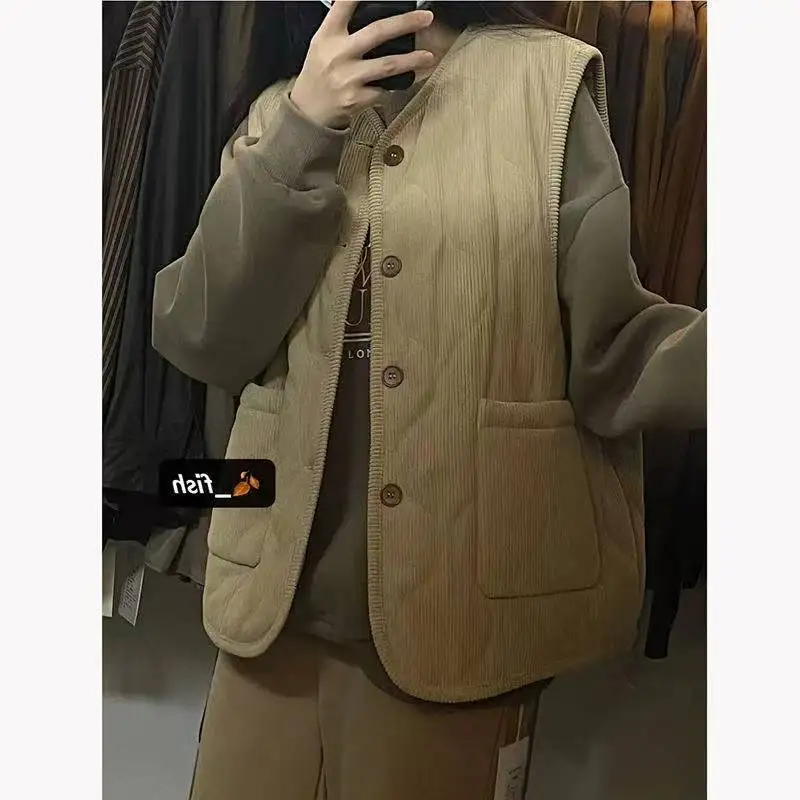Corduroy Vest women's 2025 Autumn And Winter New Korean Version Pocket Loose And Versatile Warm Outer Wear Vest Jacket